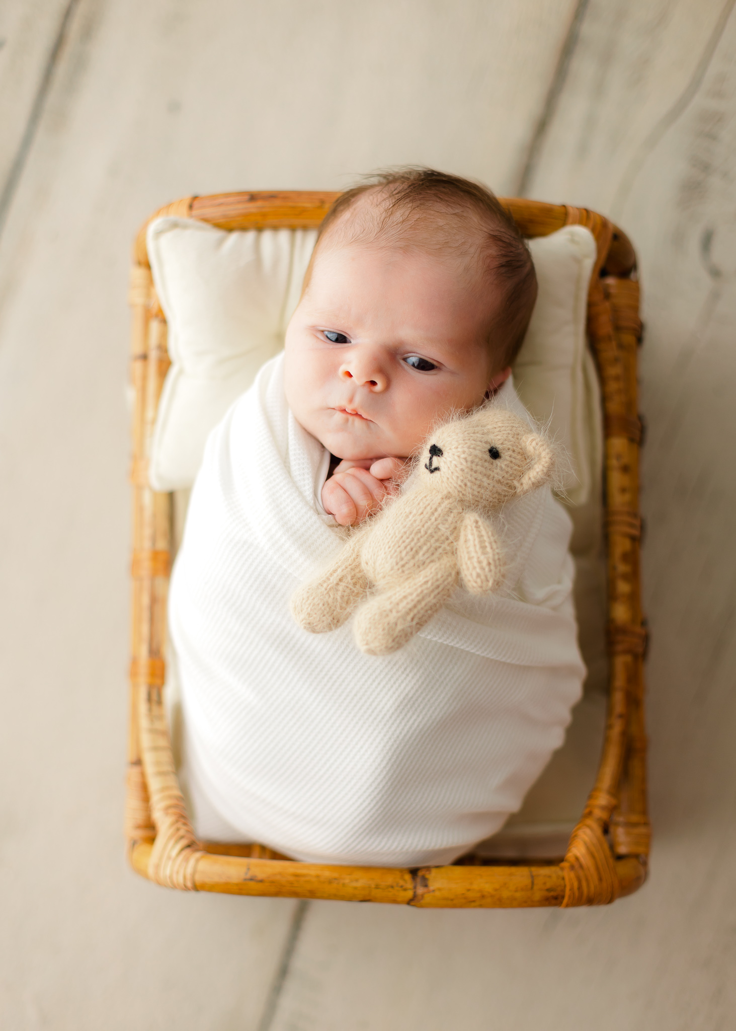 A newborn baby lays in a white swaddle in a tiny wicker bed with a stuffed bear savannah baby stores