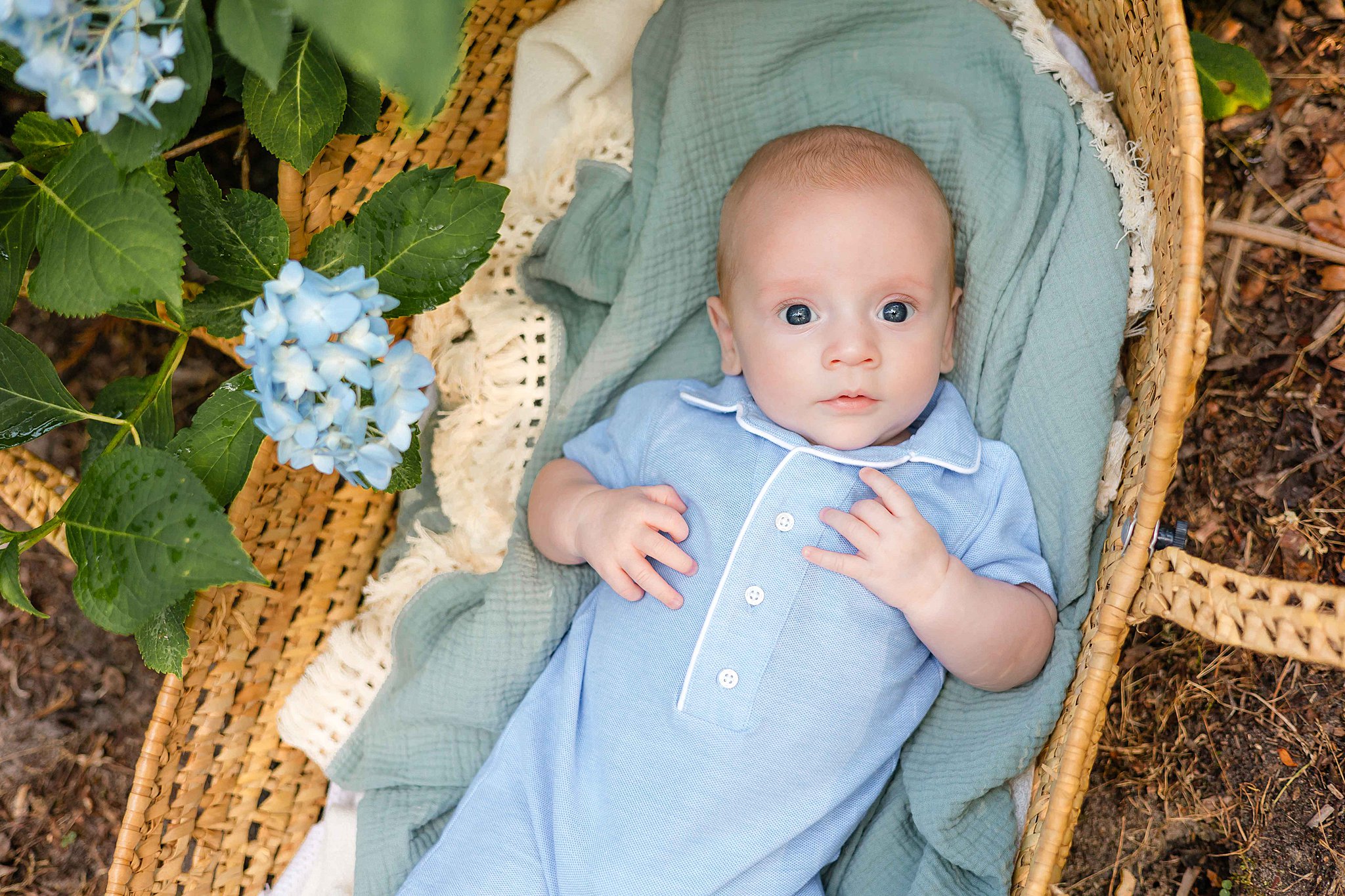 A baby lays in woven basket in a flower garden with eyes open in a blue onesie after visiting the bunny hive savannah