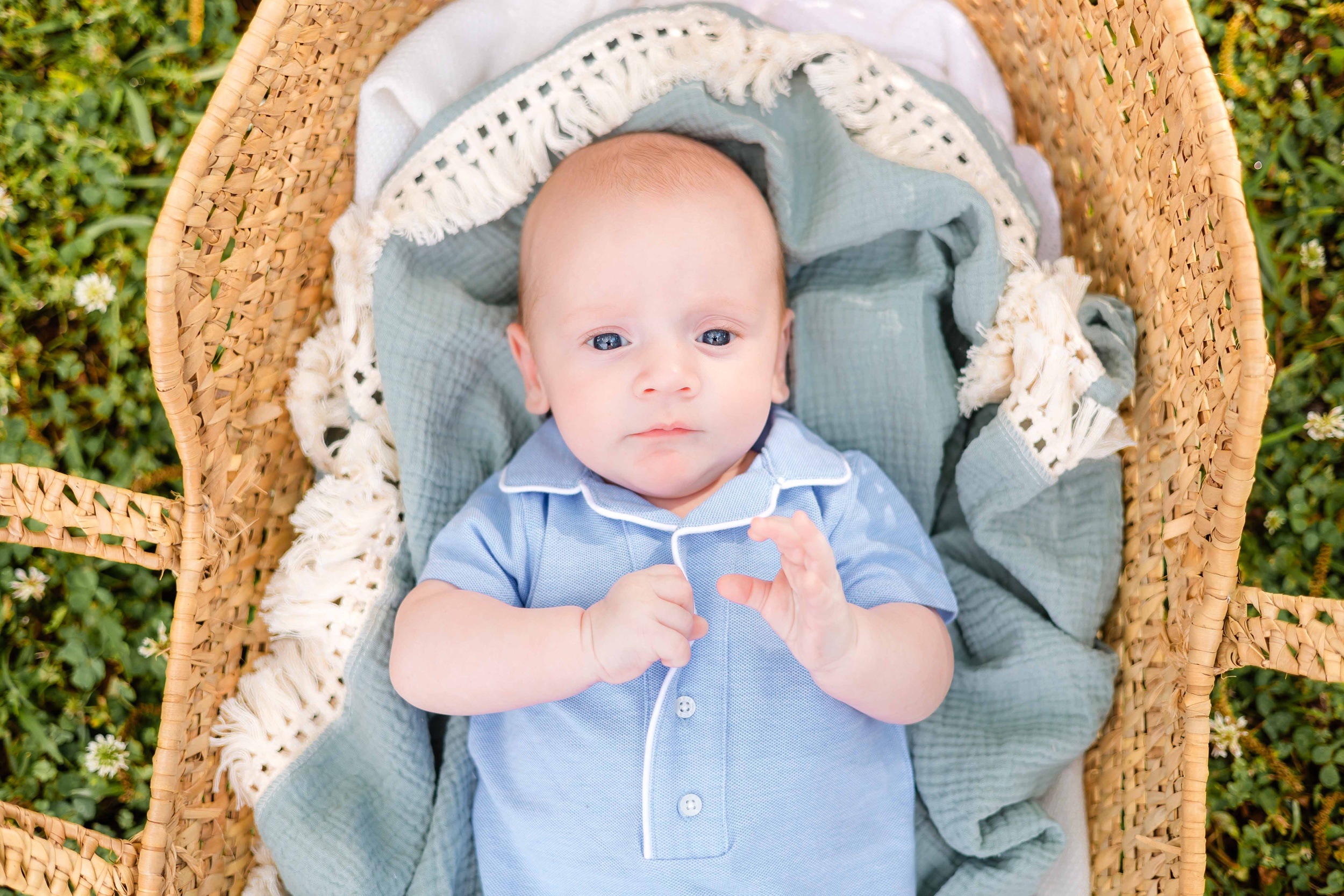 A newborn abby in a blue onesie lays in a woven basket in the grass on blankets