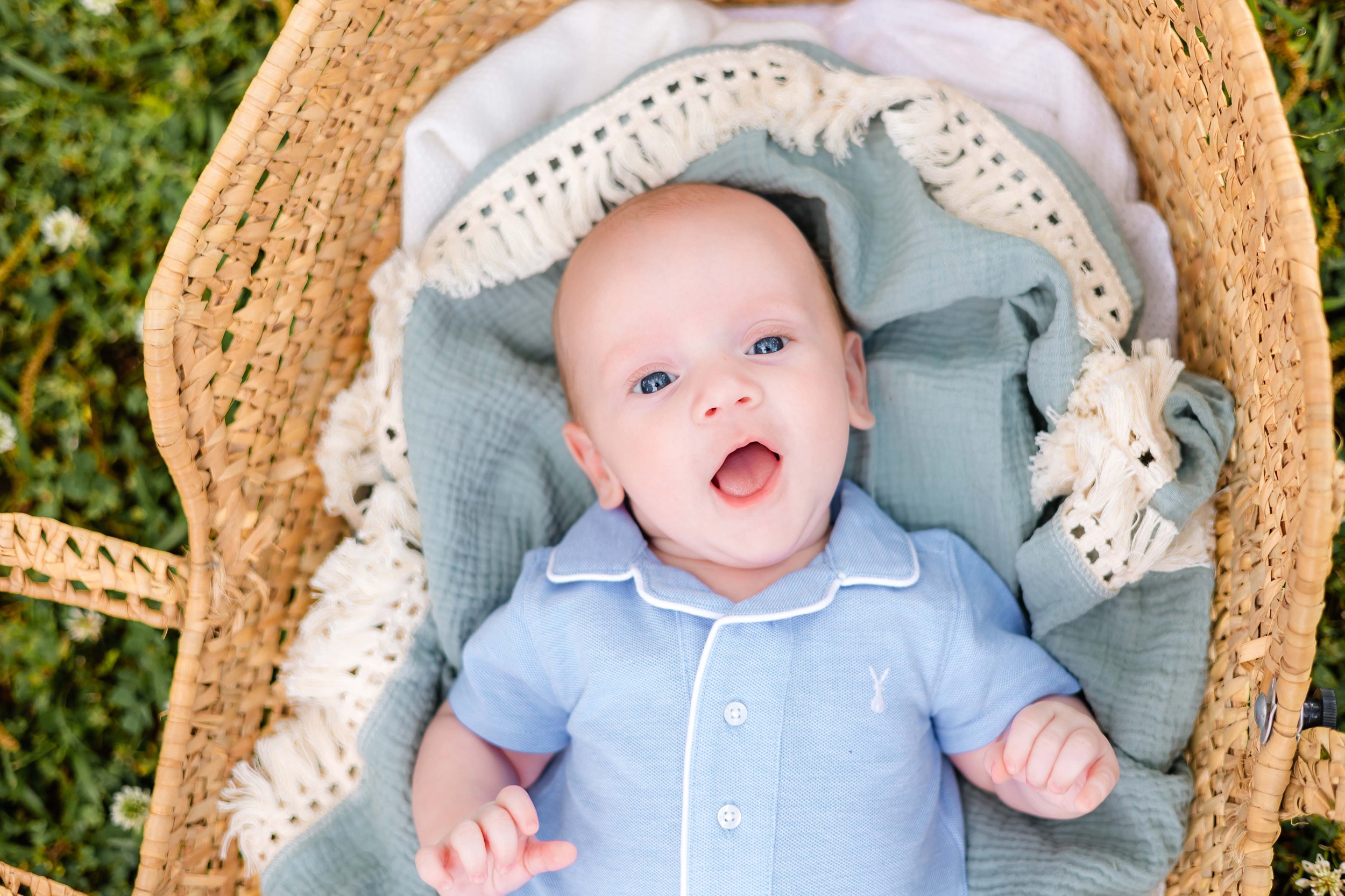 A newborn baby with an open mouth and eyes lays in a woven basket in the grass before exploring montessori school savannah