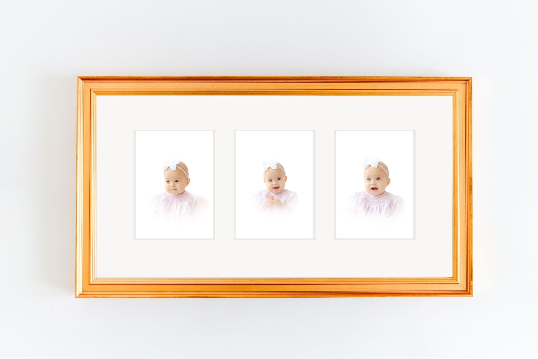 3 image framed wall art of a little girl in a pink dress. Heirloom portraits in Savannah, ga